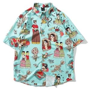 Frida Kahlo Button Down Teal Shirt || Fits Like M
